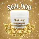 Pack de tres cremas Miskinne despigmentantes con Arbutina 5%, en fondo dorado elegante, precio promocional de $139.800.