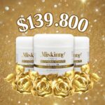 Pack de tres cremas Miskinne despigmentantes con Arbutina 5%, en fondo dorado elegante, precio promocional de $139.800.