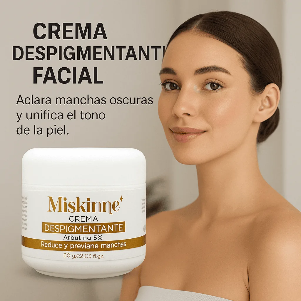 Mujer con piel radiante usando Miskinne crema despigmentante facial con arbutina al 5%. Producto premium para eliminar manchas y melasma.